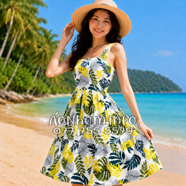 Đầm Nhóm Nữ Đi Biển Kate Thái Họa Tiết Lá Vàng Xanh Tropical - DAM006