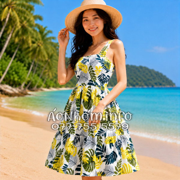 Đầm Nhóm Nữ Đi Biển Kate Thái Họa Tiết Lá Vàng Xanh Tropical - DAM006