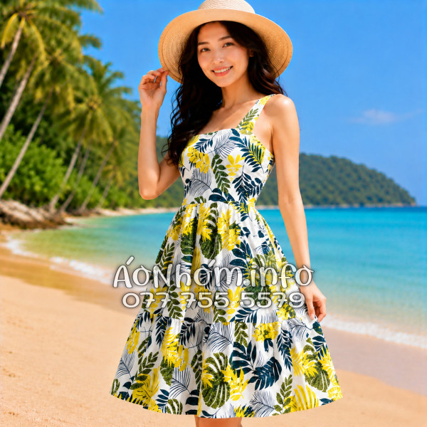Đầm Nhóm Nữ Đi Biển Kate Thái Họa Tiết Lá Vàng Xanh Tropical - DAM006