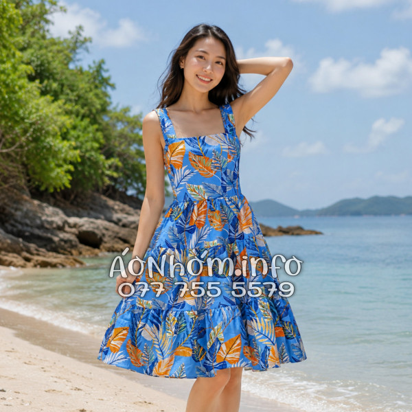 Đầm Nhóm Nữ Đi Biển Kate Thái Họa Tiết Lá Môn Xanh Tropical - DAM007