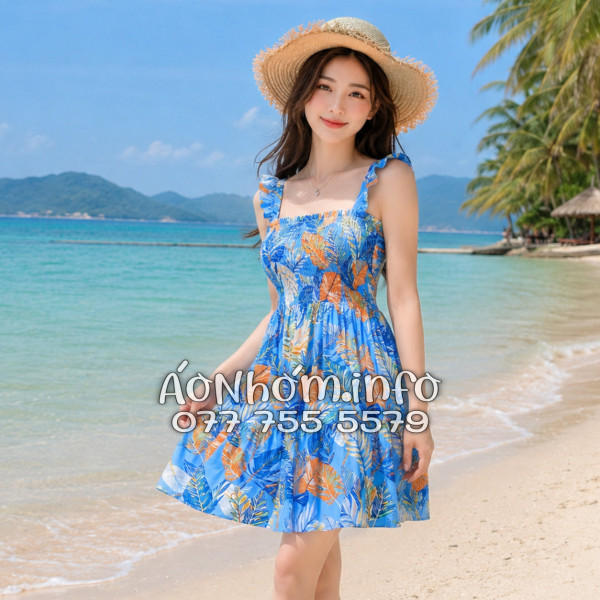 Đầm Nhóm Nữ Đi Biển Kate Thái Họa Tiết Lá Môn Xanh Tropical - DAM007